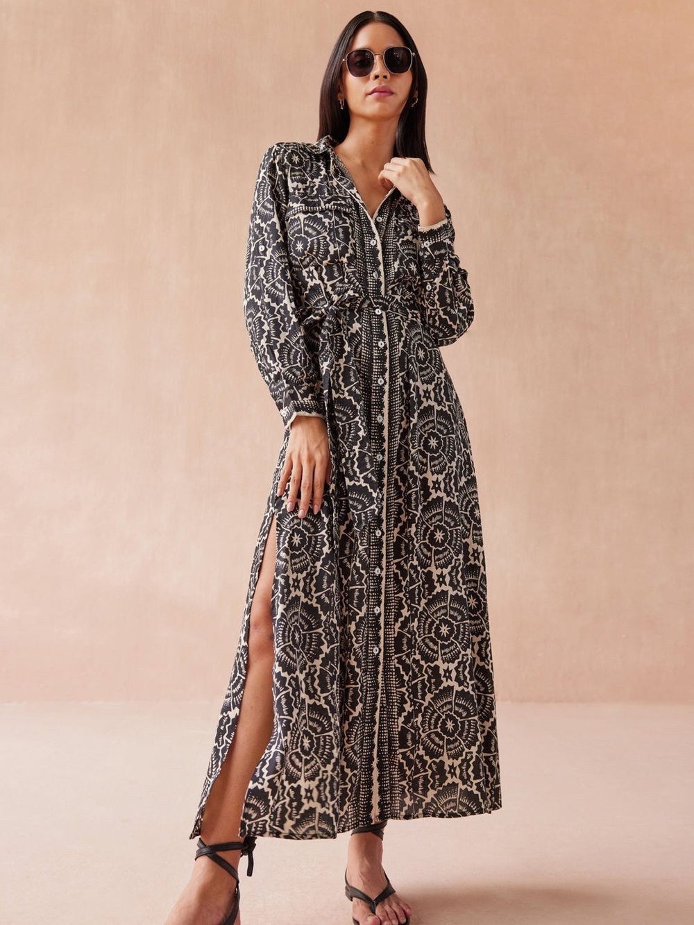 Anthropologie Omika Palma Carmen Graphite Black Printed Maxi Shirt Dress EUC XSP